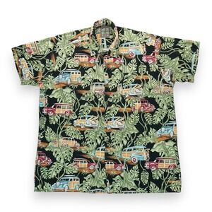Vintage Whoola's‎ Aloha Hawaiian Shirt, Automobile Car Transport Leaf Green 2XL